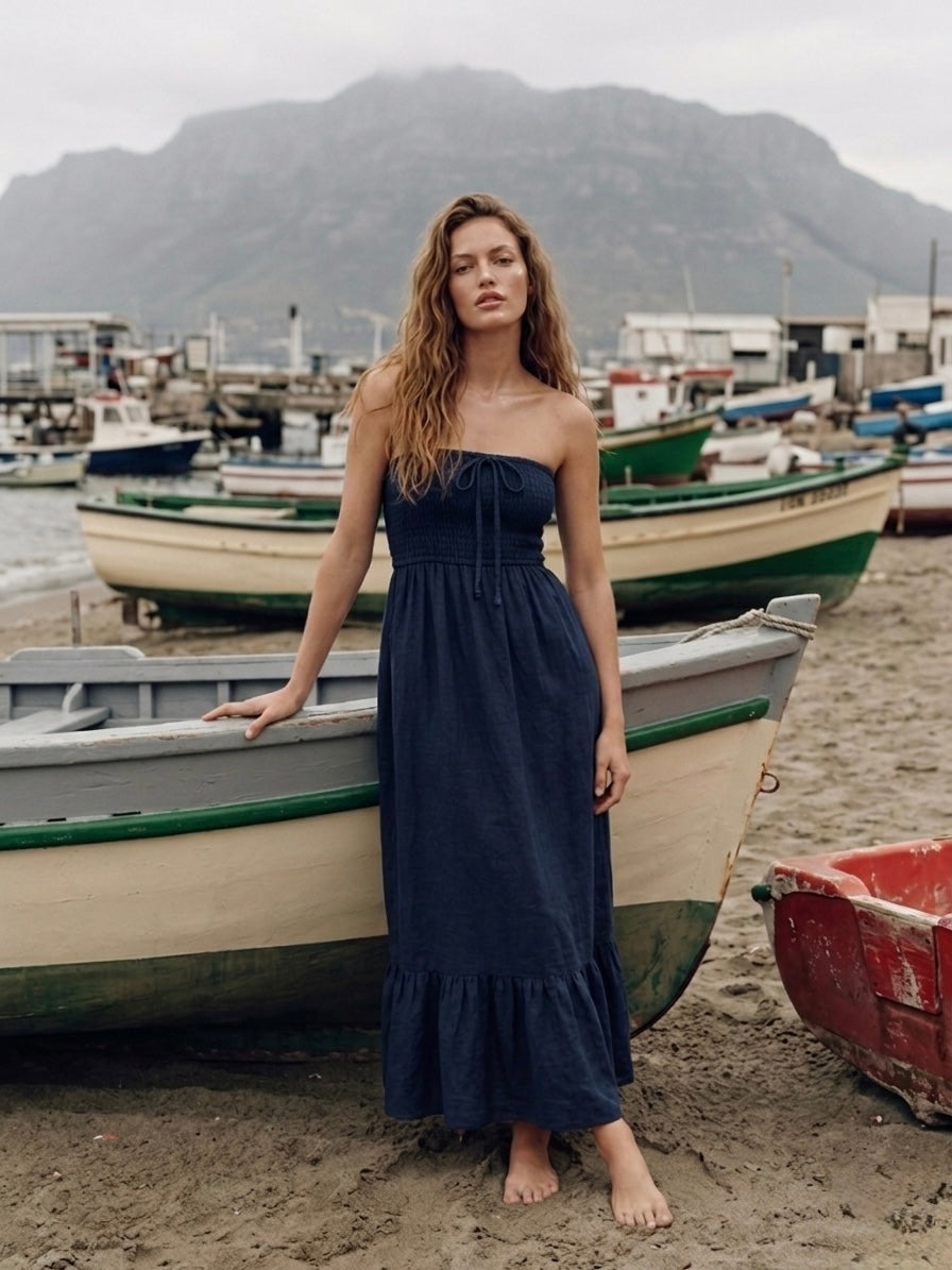 PREMIUM ITALIAN LINEN MIDXI DRESS- INK BLUE