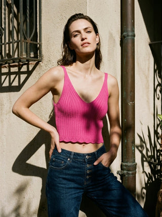 V-Neck Ribbed Scallop-Hem Crop Top- Hot Berry
