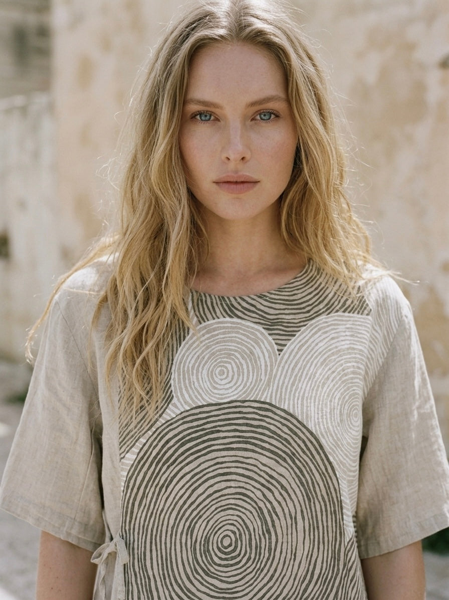 SWIRL PRINT ITALIAN LINEN BLOUSE WITH SIDE TIE- NATURAL