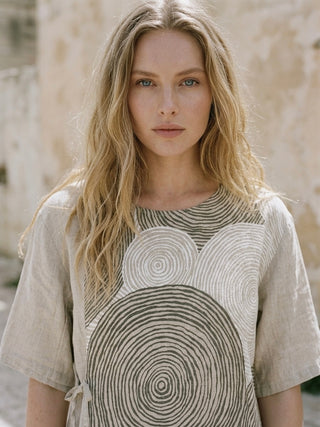 SWIRL PRINT ITALIAN LINEN BLOUSE WITH SIDE TIE- NATURAL
