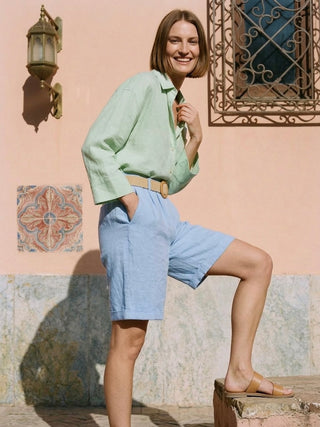 Sky Blue Belted Linen-Look Shorts