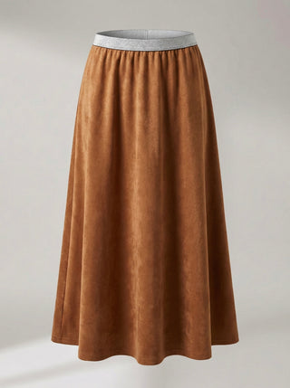 The Cognac Shimmer Waist Midi Skirt- Camel