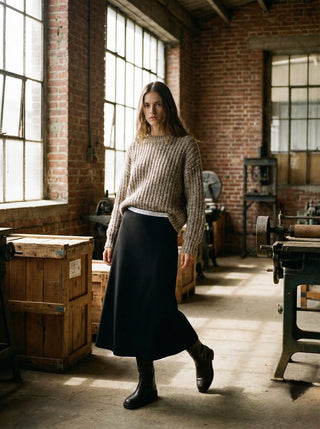 The Cognac Shimmer Waist Midi Skirt- Black