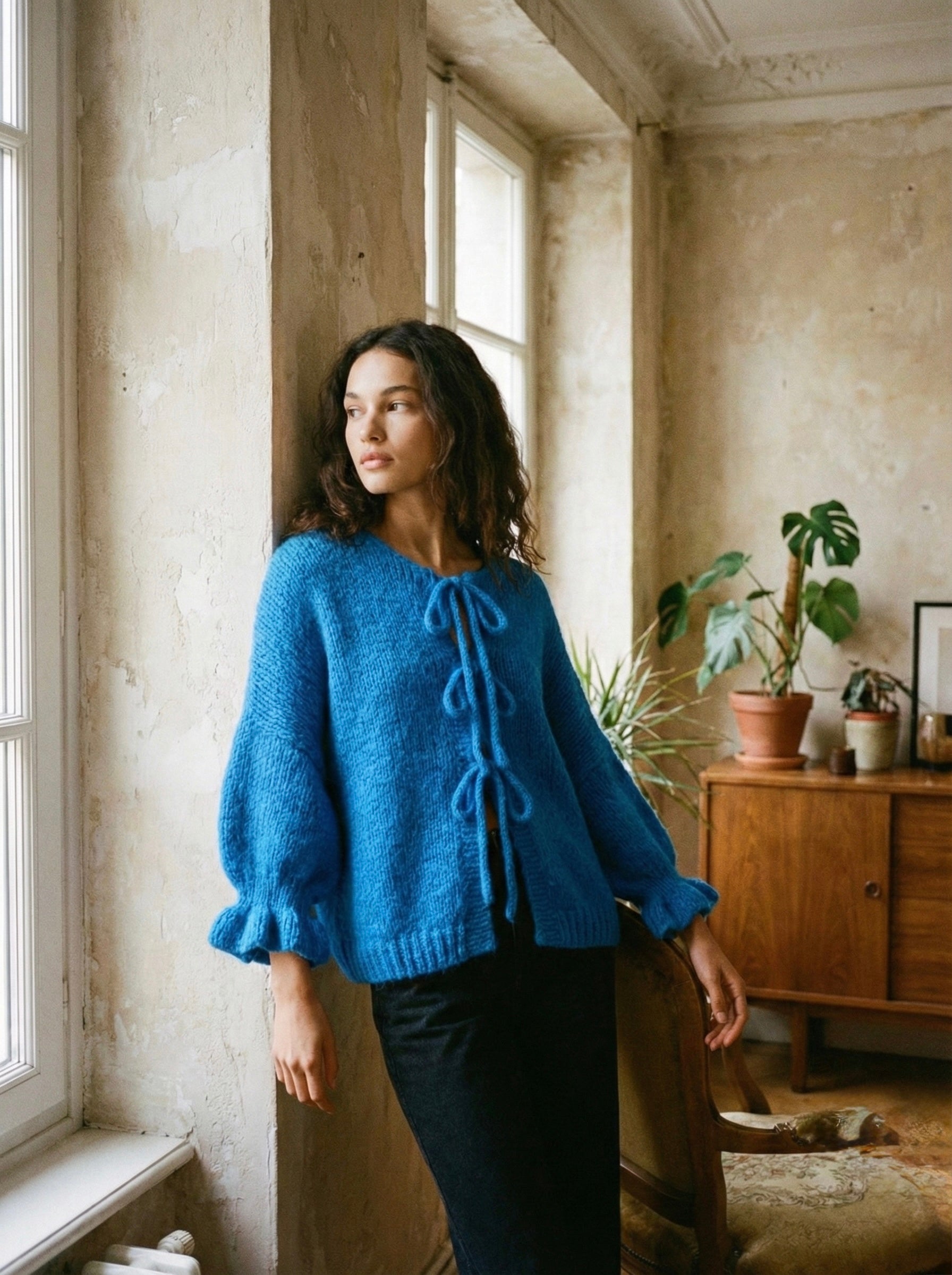 The Coquette Tie-Front Cardigan-Azure blue.