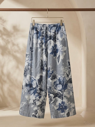 LINEN WIDE-LEG TROUSERS- MUTED SLATE BLIE WITH FLOWER PRINTS