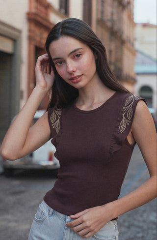 Embroidered Ruffle-Sleeve Ribbed Top- Burgundy