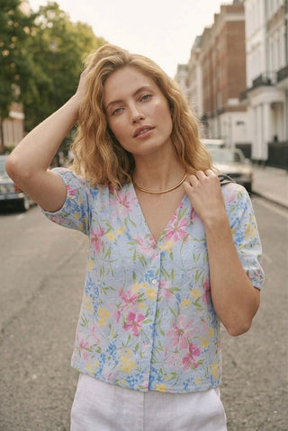 Floral Garden V-Neck Blouse - Cornflower Blue