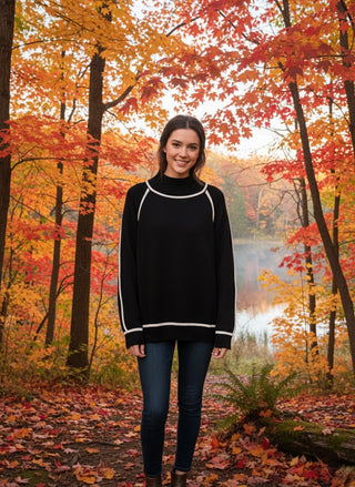 Contrast Piping Mock Neck Sweater