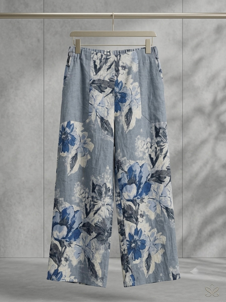 LINEN WIDE-LEG TROUSERS- MUTED SLATE BLIE WITH FLOWER PRINTS