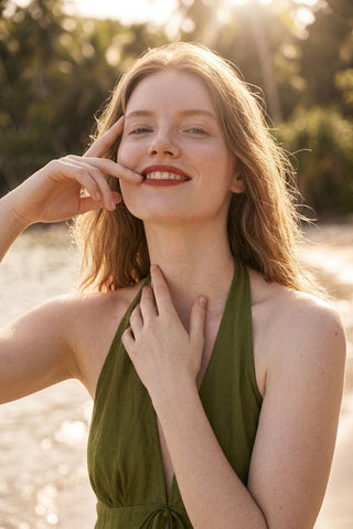 ITALIAN LINEN HALTER MAXI DRESS- GREEN