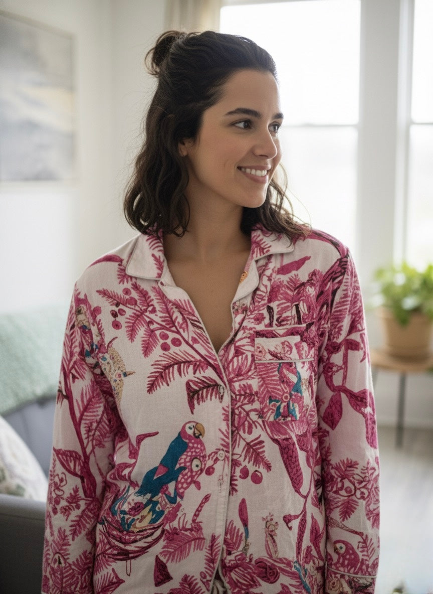 Pink Parrot Cotton Pajamas Set