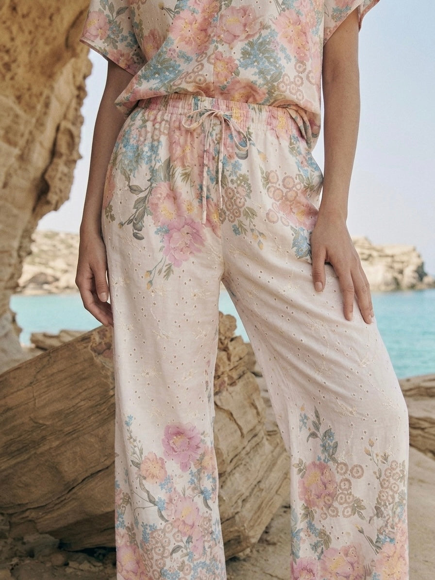 Floral Broderie Anglaise Pants
-white-Pink-Sage