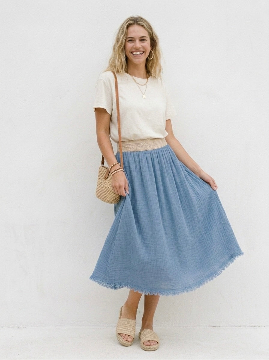 Azure Breeze Linen-Blend Midi Skirt