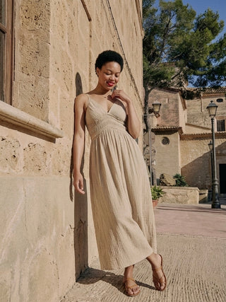 COTTON SEERSUCKER MAXI DRESS- BEIGE