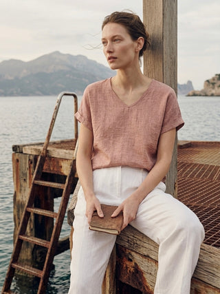 Positano Linen-Blend V-Top- Faded Copper