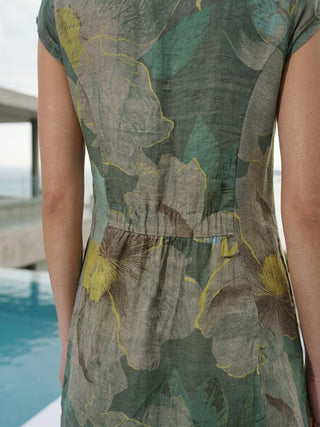 Floral Print Linen Blend Tunic Dress-Sage Green
