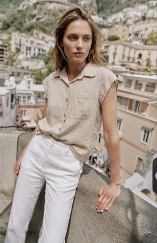 Italian Linen Button-Down Top- Oatmeal