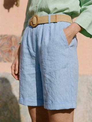 Sky Blue Belted Linen-Look Shorts