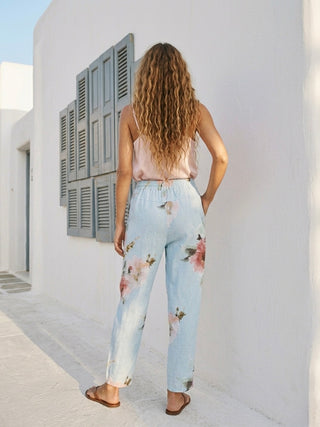 FLORAL PRINT ITALIAN LINEN PANTS- LIGHT BLUE