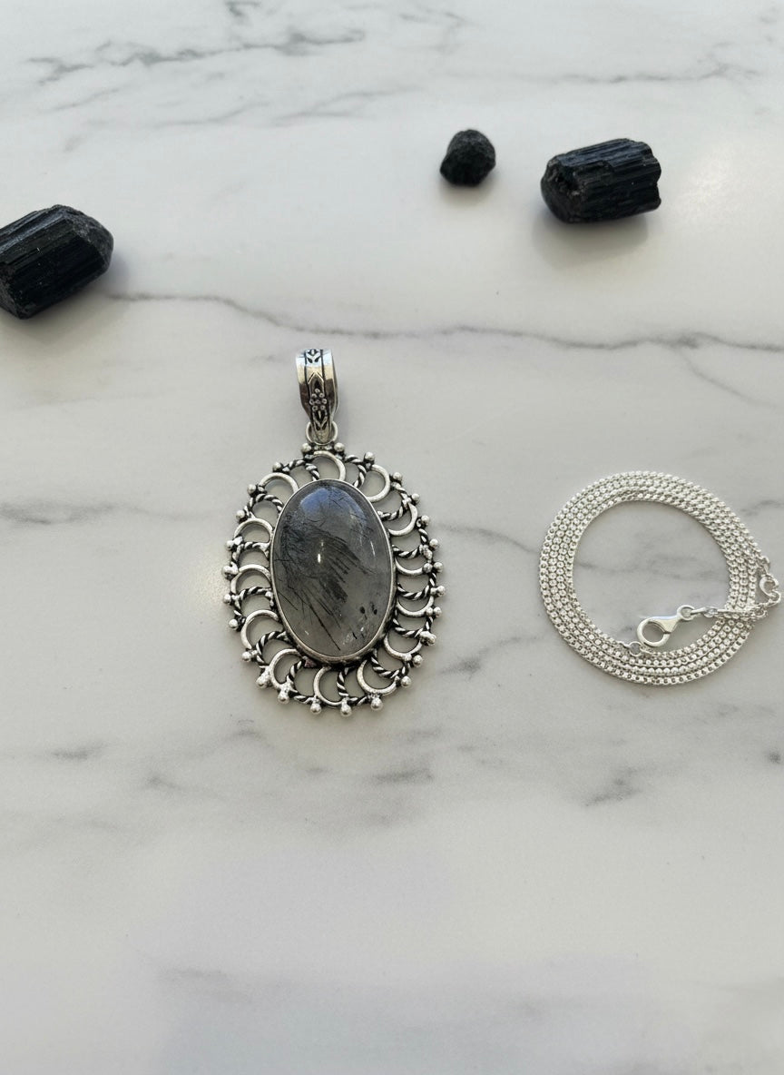 Midnight Galaxy Oval Sterling Silver Pendant- Grey