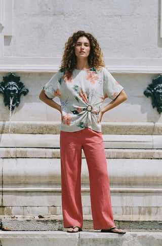 PRINTED LINEN BLOUSE WITH BUCKLE DETAIL- OATMEAL