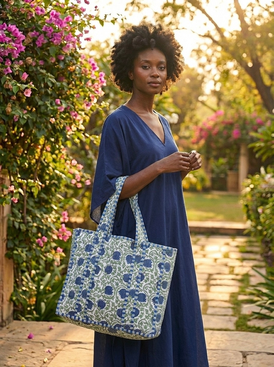 The Indigo Vine Quilted Zippered Tote