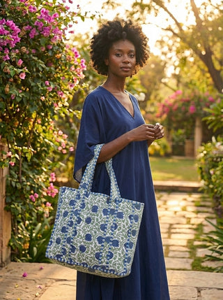 The Indigo Vine Quilted Zippered Tote