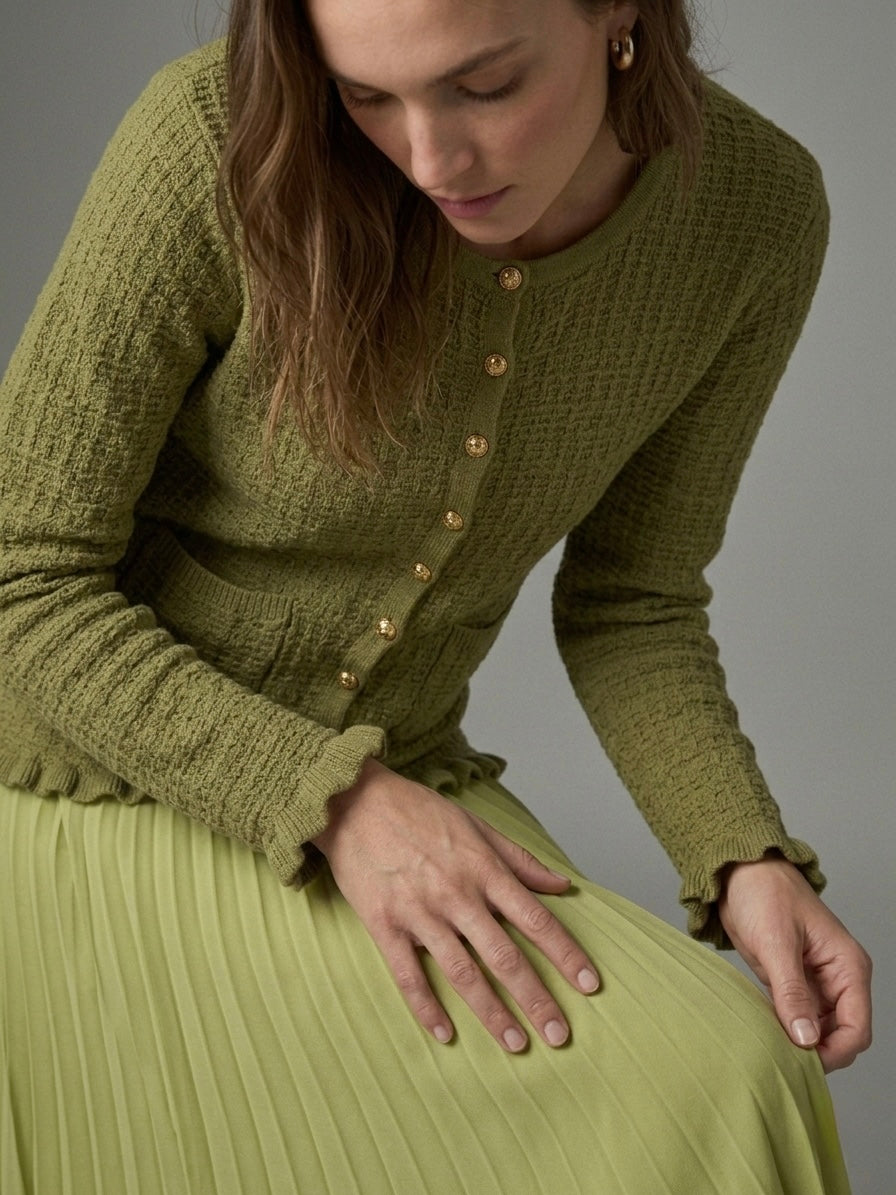 Woodland Ruffle-Cuff Textured Cardigan