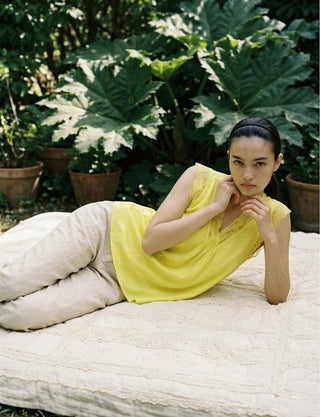 V neck Italian lace top- Lemon Yellow