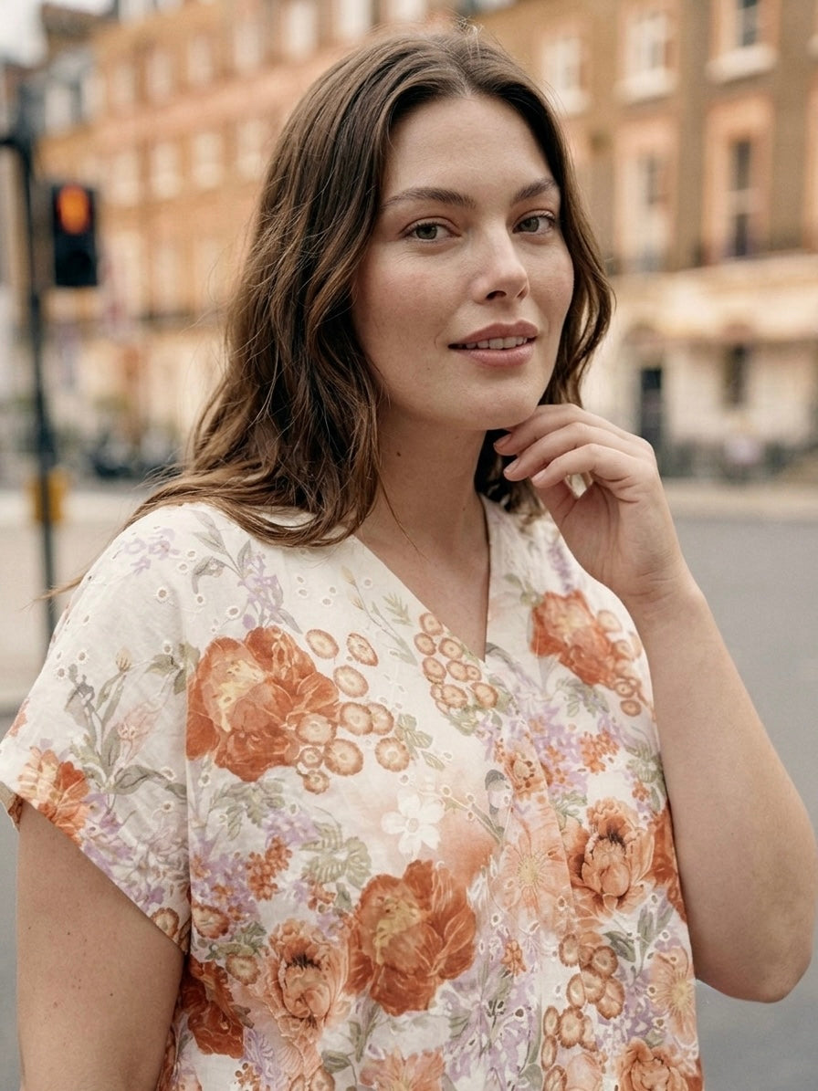 Floral Broderie Anglaise Top- Terracotta