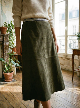 The Cognac Shimmer Waist Midi Skirt- Sage Green