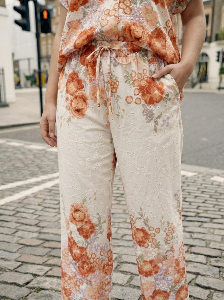 Floral Broderie Anglaise Trousers- Terracotta