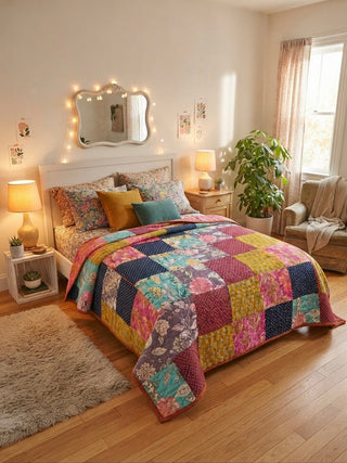Bohemian Patchwork & Floral Reversible Queen Quilt