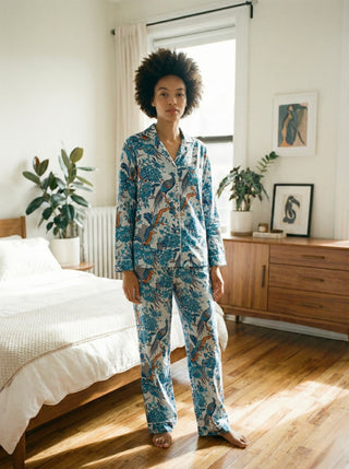 The Azure Peacock & Botanical Cotton Pajama Set