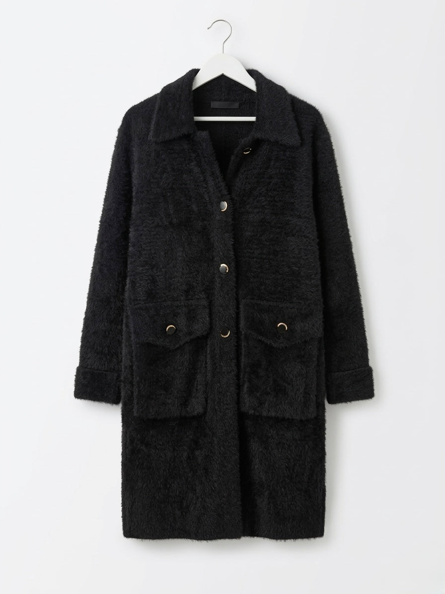 Plush Pocket Coat with Gold-Trim Buttons