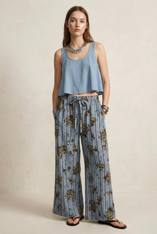 L’ESTATE PRINTED LINEN PANTS- CLOUD BLUE