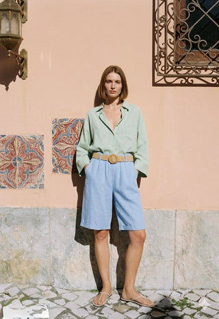 Sky Blue Belted Linen-Look Shorts