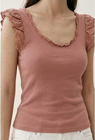 The Italian Eyelet Ruffle Tank- Muted Clay