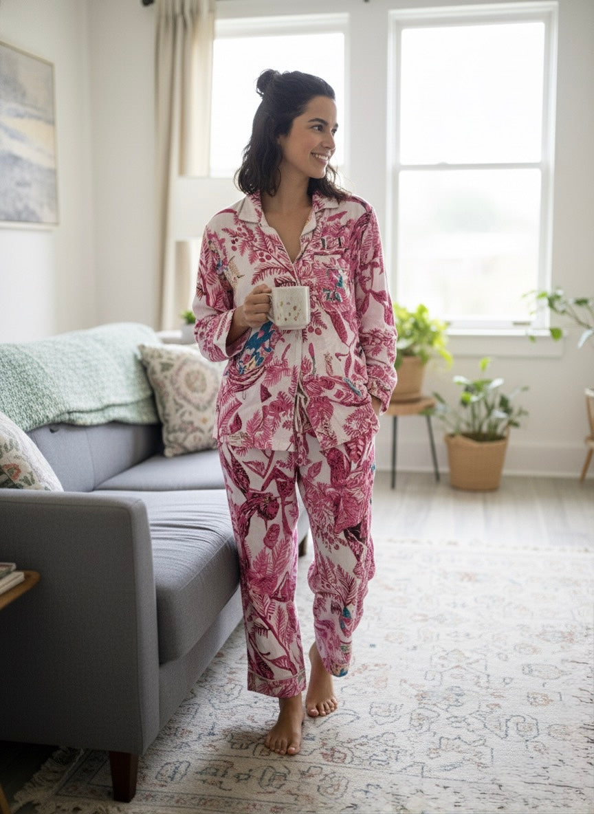 Pink Parrot Cotton Pajamas Set