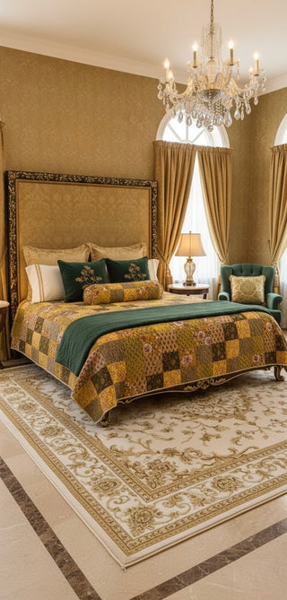 Golden Floral Patchwork Quilt- Queen Size
