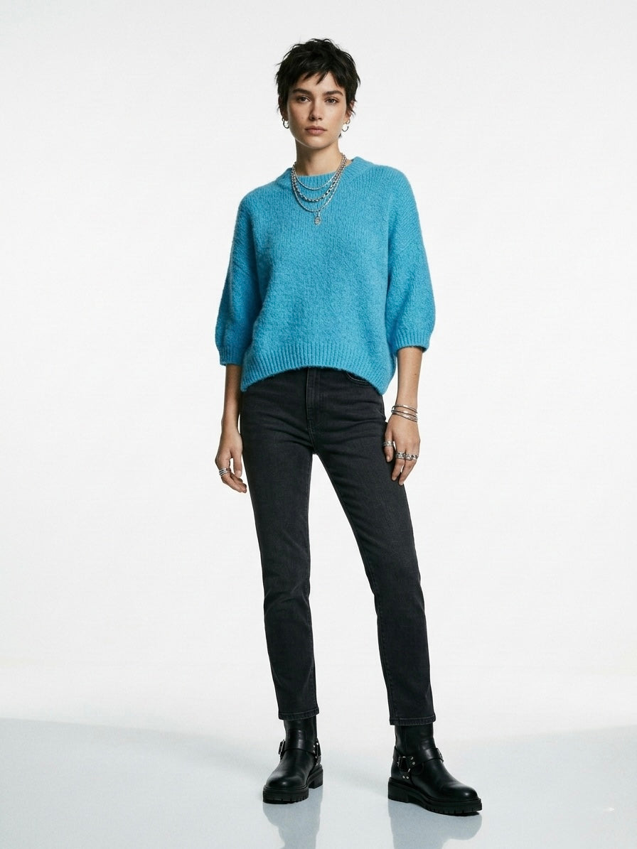 Electric Blue Alpaca Blend Fuzzy Knit Sweater