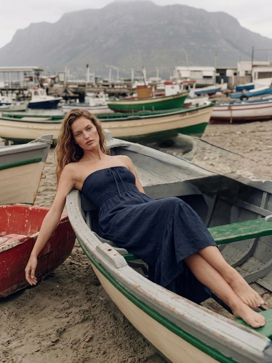 PREMIUM ITALIAN LINEN MIDXI DRESS- INK BLUE