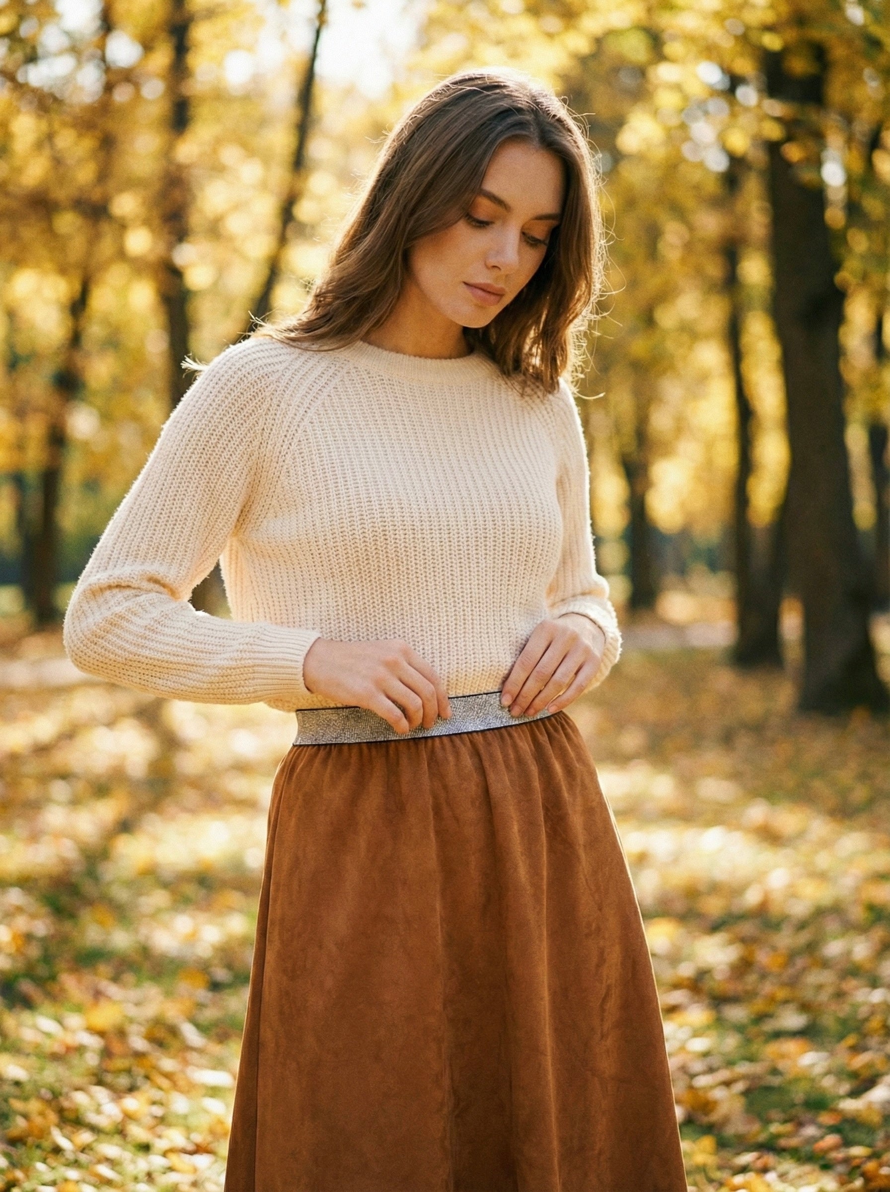 The Cognac Shimmer Waist Midi Skirt- Camel