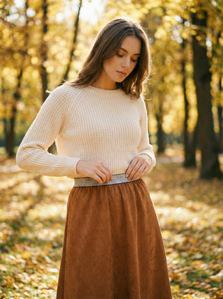 The Cognac Shimmer Waist Midi Skirt- Camel