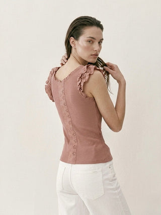 The Italian Eyelet Ruffle Tank- Muted Clay