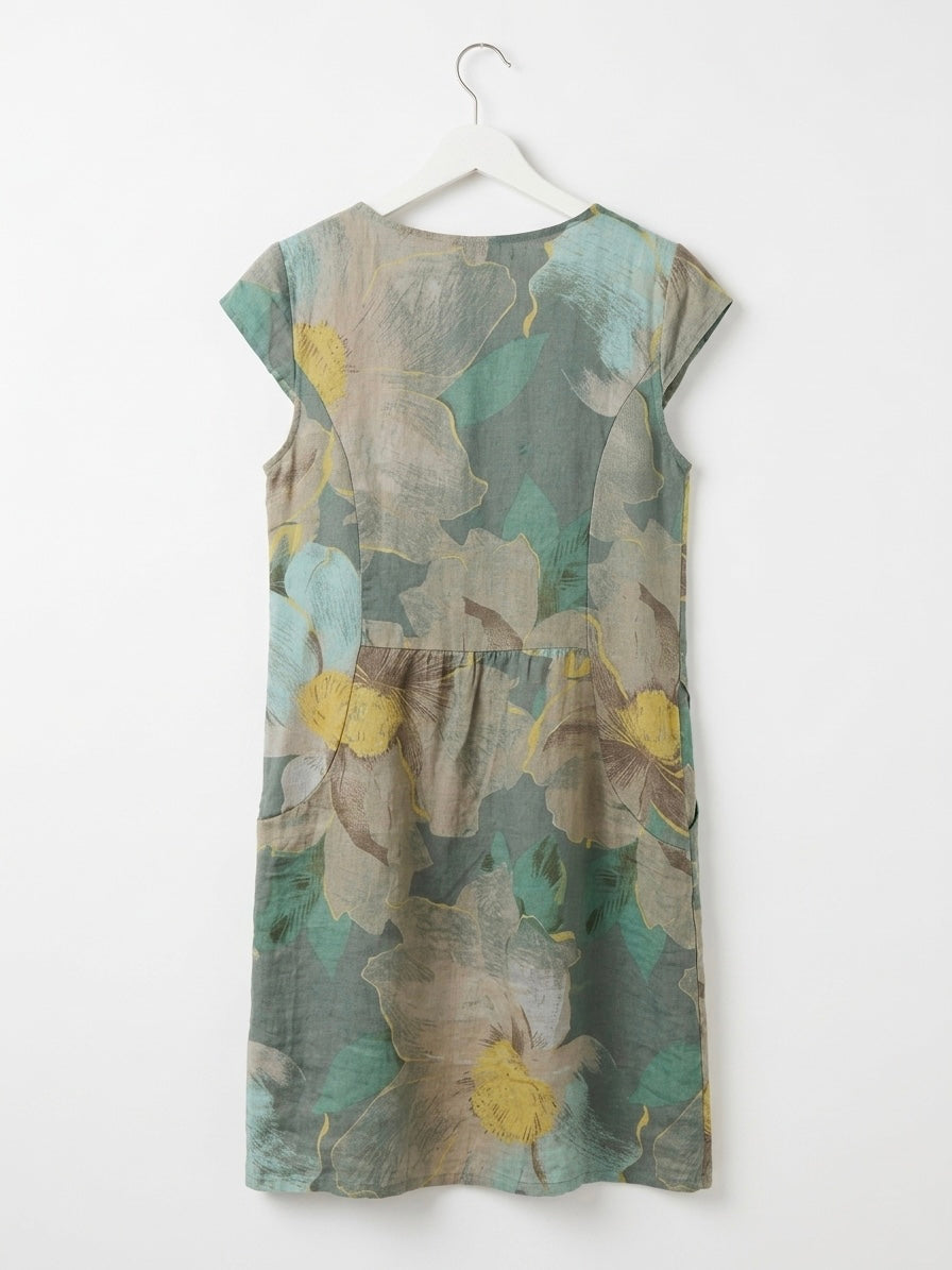 Floral Print Linen Blend Tunic Dress-Sage Green