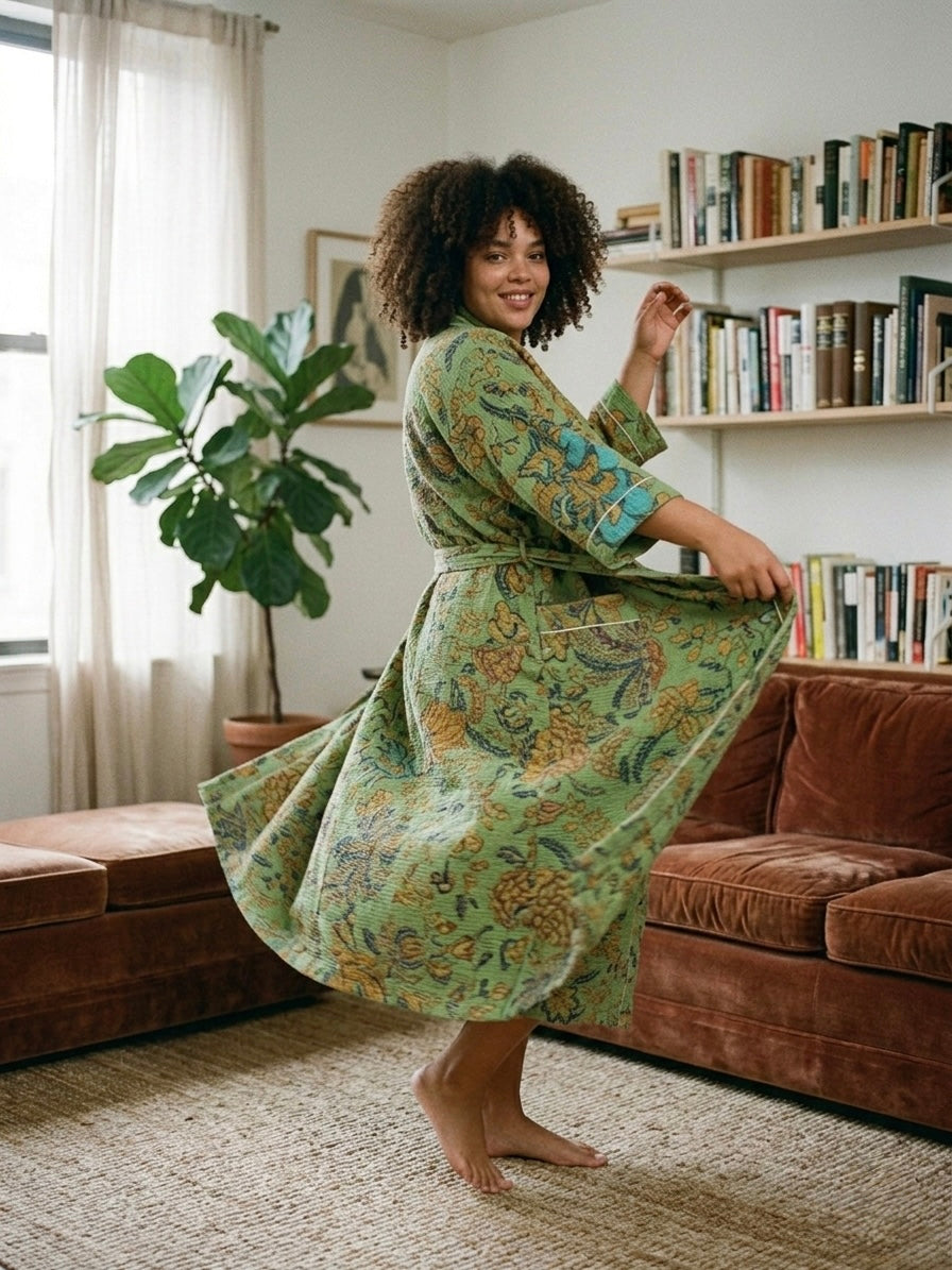 Sage Marigold Cotton Waffle Robe