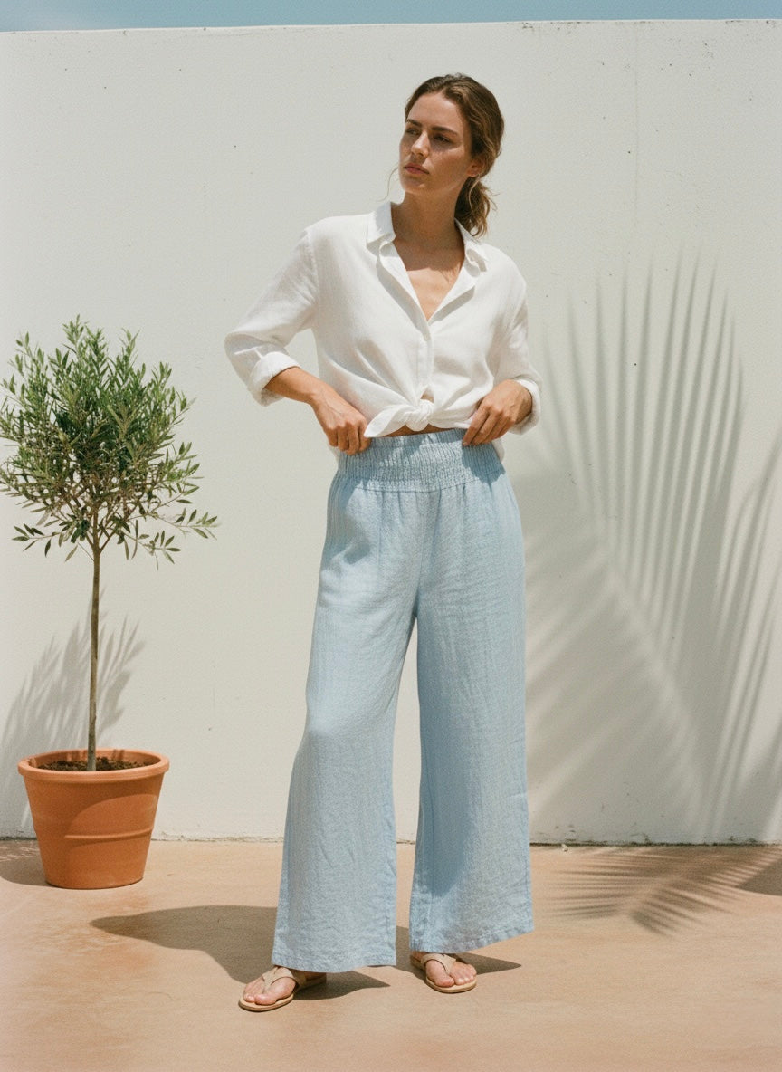 Linen Wide-Leg Breeze Pants- Powder Blue