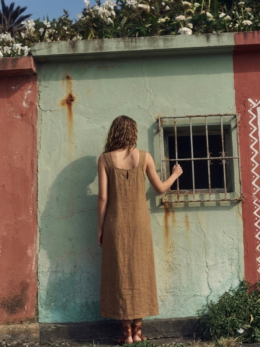 ITALIAN LINEN LONG DRESS- TAN