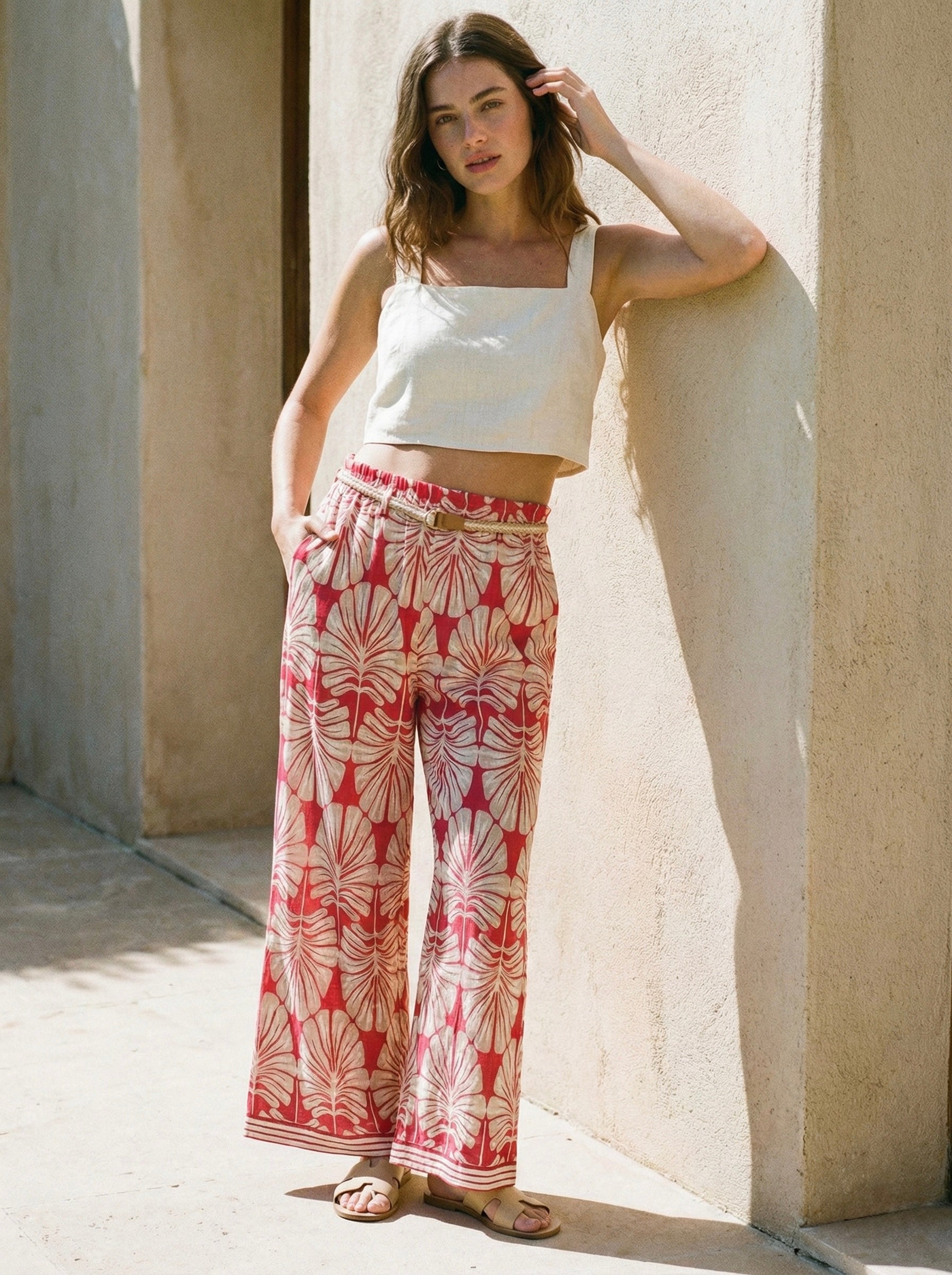 The Riviera Palm Wide-Leg Pant- Red